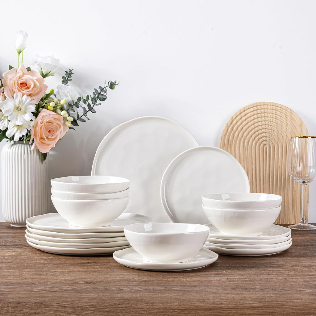 Ceramic Dinnerware Sets for 8,Porcelain Plates and Bowls Sets with Wavy Edge