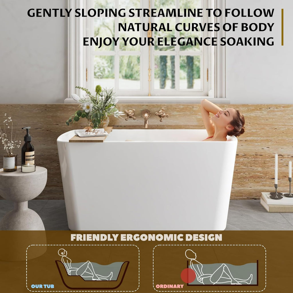 49" Acrylic Freestanding Bathtub - Japanese Square Soaking Tub with Built-in Seat & Toe-Tap Drain, Glossy White