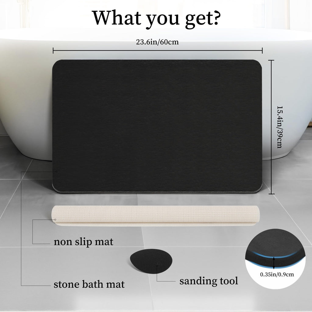 Black Stone Bath Mat, 24''x16'' Stone Shower Mat