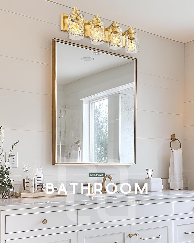 4-Light Brushed Gold Bathroom Vanity Light, Hammered Cylinder Glass | 24.5" modern bathroom light fixtures over