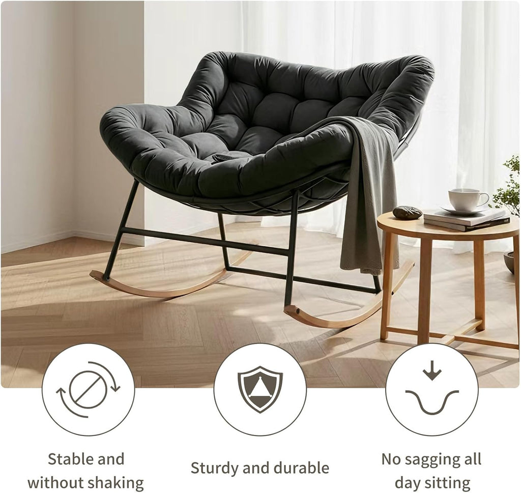 Oversized Papasan Rocking Chair with Thickened Cushion, Heavy-Duty Cozy Egg Chair, Large Comfy Lounge Chair for