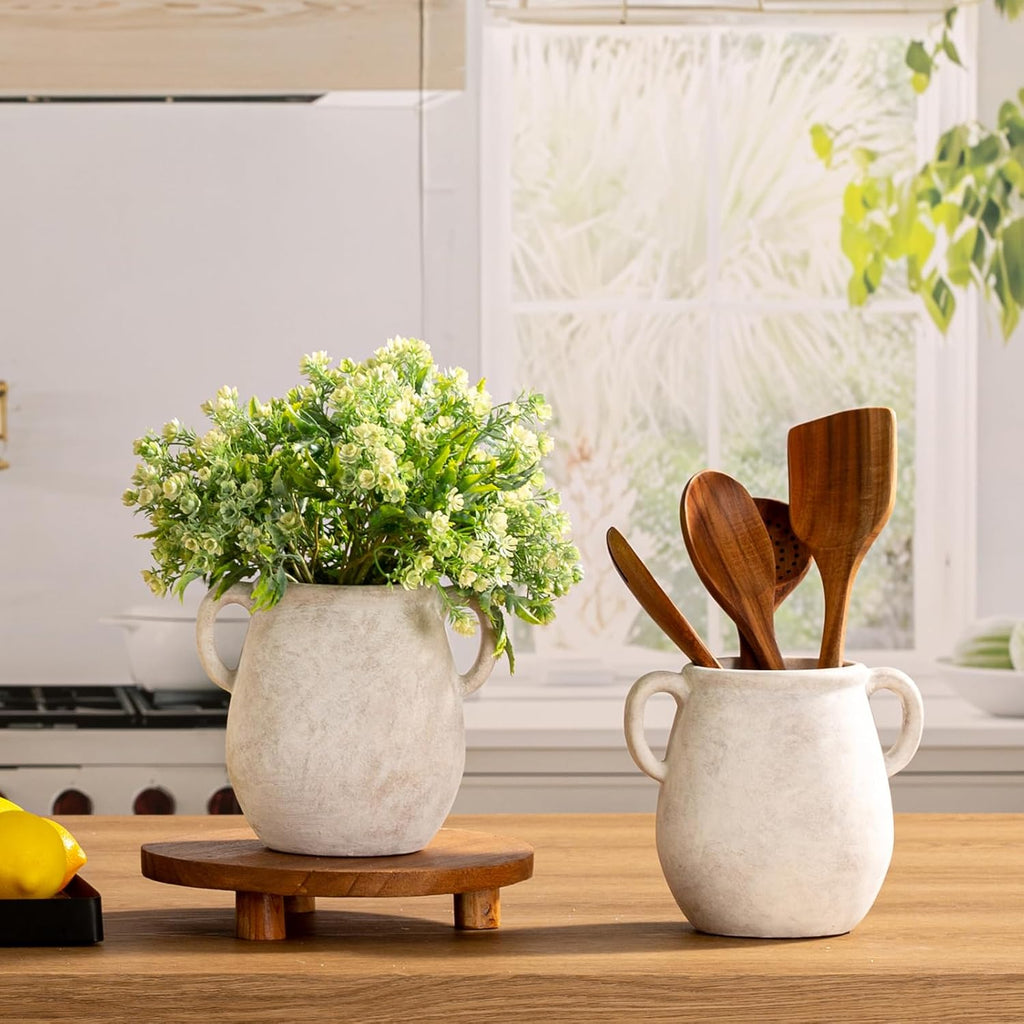 Ceramic Flower Vase Home Decor - 7.1 Inch White Rustic Table Flowers Vases