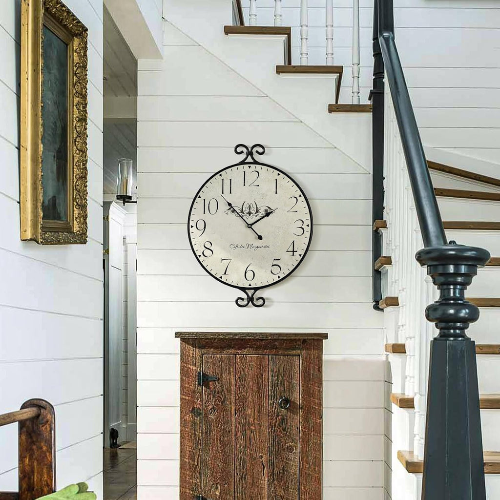 Farmhouse Wall Clock, 17H×13.4D Inch, Wrought Iron Frame with Warm Gray Finish