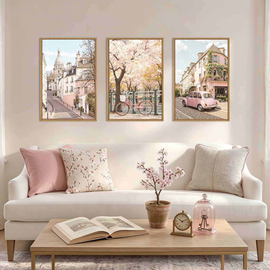 Vintage Italy Cityscape Framed Canvas Wall Art Set, Romantic Flower Street Wall Decor, Pink Bike Car Wall Painting