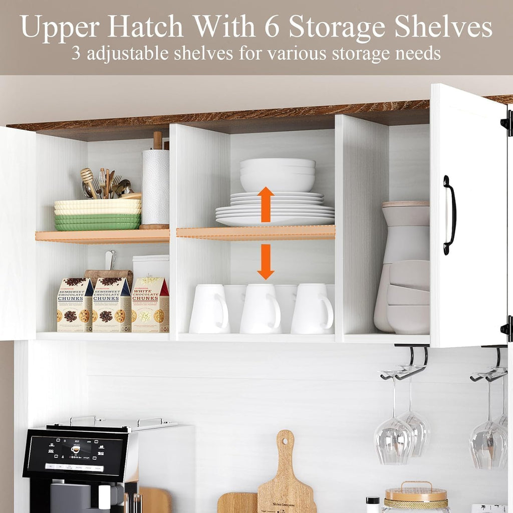 Farmhouse Coffee Bar Cabinet with Wine Rack, 72" Tall Kitchen Storage Cabinet with 3 Drawers, 9-Bottle Wine Holder, 6