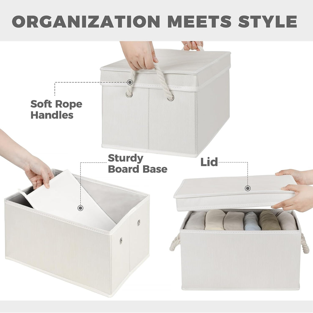 Set of 3 Fabric Bins for Organization - Foldable & Stackable With Lid & Rope Handles - Collapsible Fabric Storage