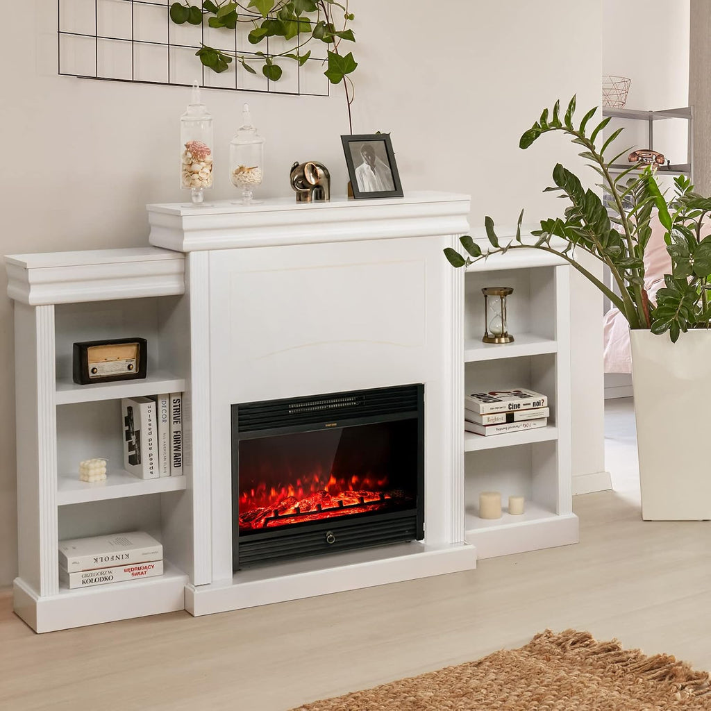 70 Inches Freestanding Mantel Stand, Modern Media Fireplace Cabinet for Living Room Bedroom, Wooden Mantel Console