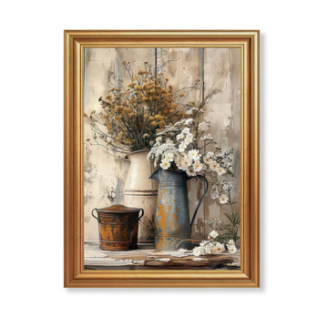 Rustic Farmhouse Floral Still Life Framed Canvas Wall Art 12x16 in