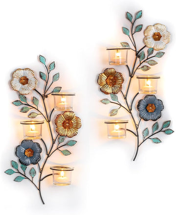 Candle Sconces Wall Decor: Wall Candle Holder with 6 Glass Cups for Tealight - Colorful Metal Flower and Leaf Sconces