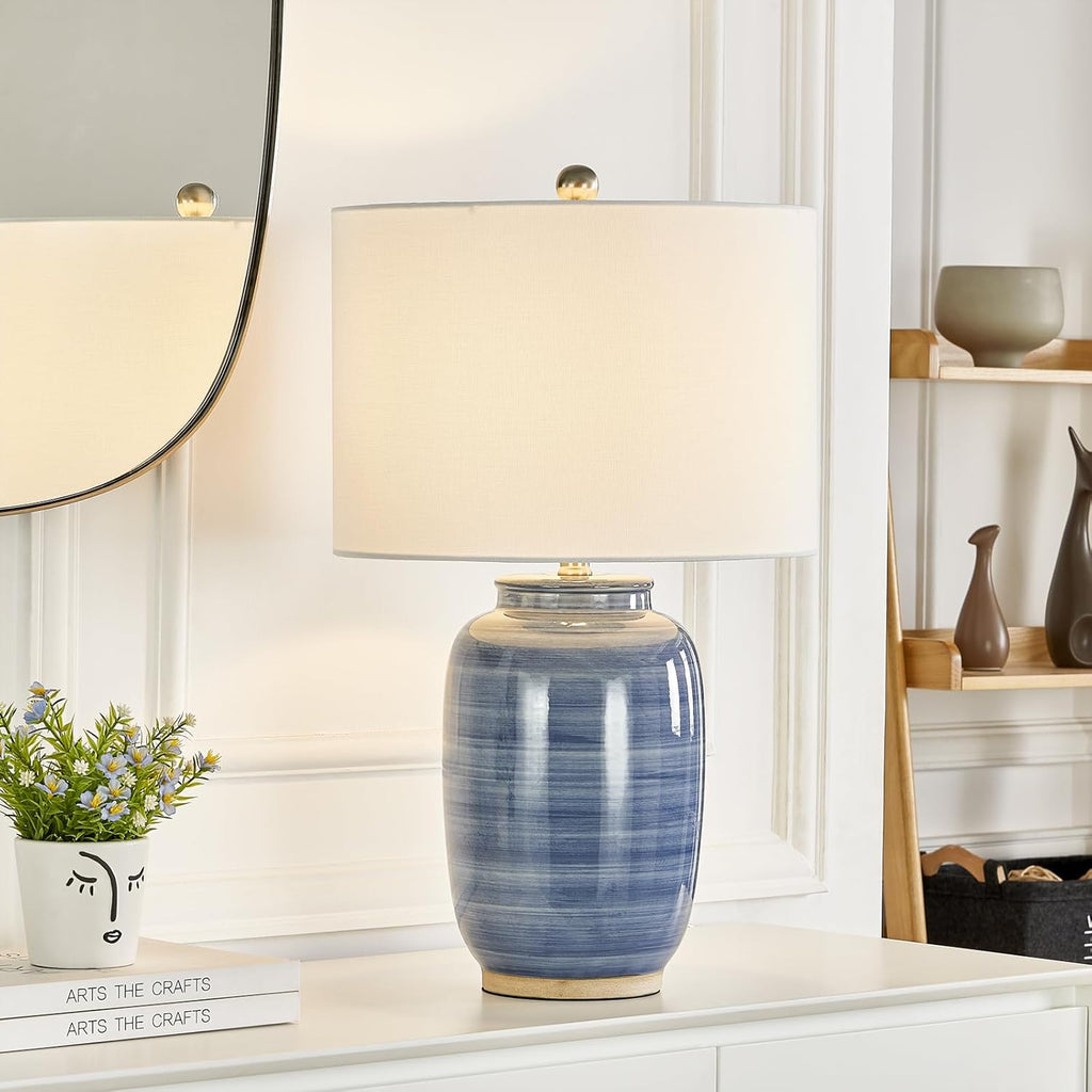25" Blue Table Lamp, Modern Ceramic Lamp with White Shade, Coastal Blue Bedside Nightstand Lamp Home Office