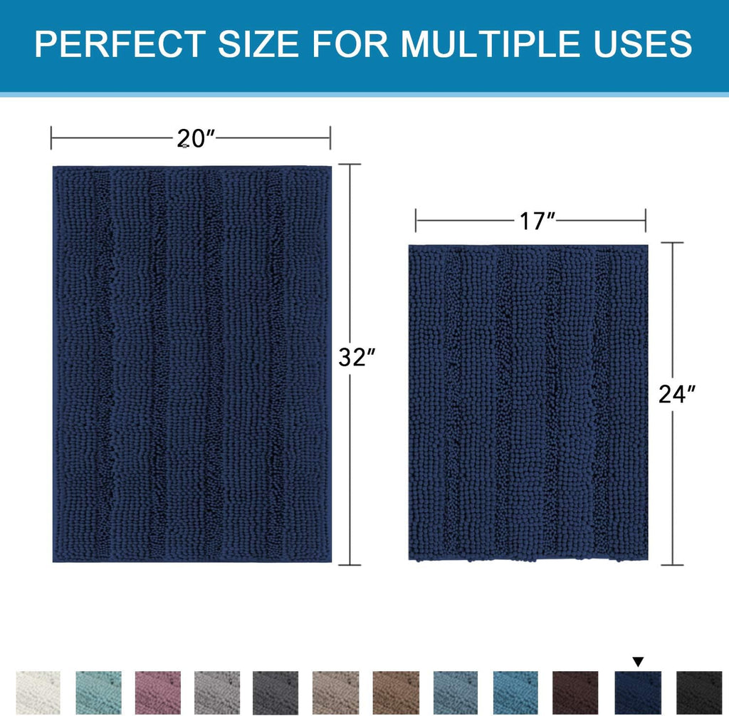 Navy Blue Bathroom Rugs 2 Piece, Bath Mat Set Slip-Resistant Extra Absorbent Soft and Fluffy Striped Chenille Bath