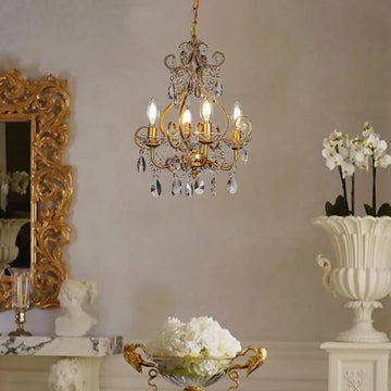 4-Light W14 in. French Country Chandelier Antique Gold Small Crystal Chandeliers Vintage Swag Lamp Candle Gothic