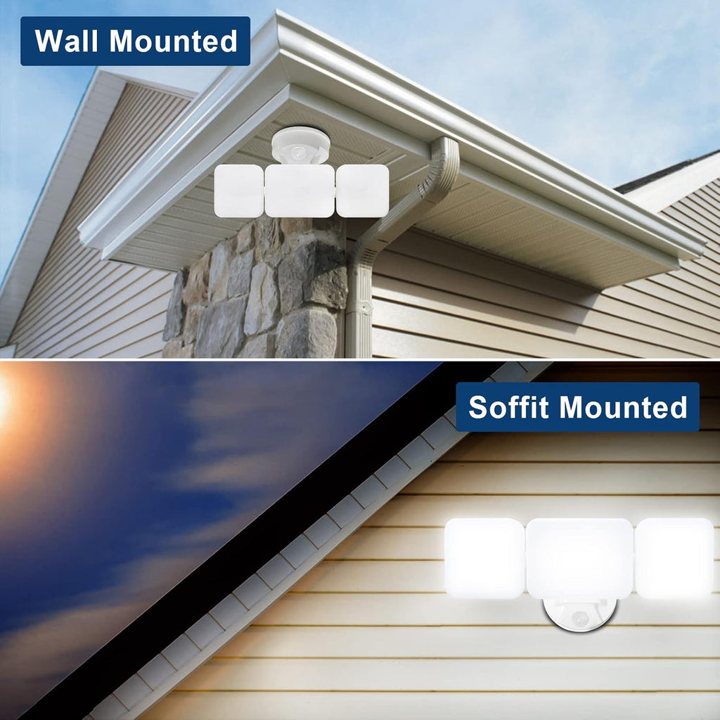 45W 3-Head Motion Sensor Flood Light, White, 1-Pack | Hardwired, Dusk to Dawn, 4500LM Anti-Glare Frosted Lens, IP65