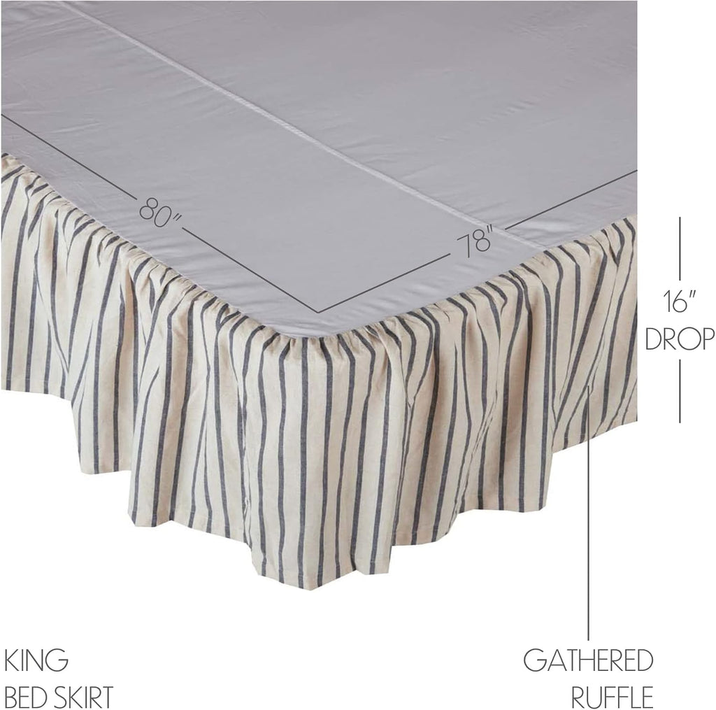 Vintage Country Farmhouse Kaila Gathered Blue Stripe King Bed Skirt 78x80x16