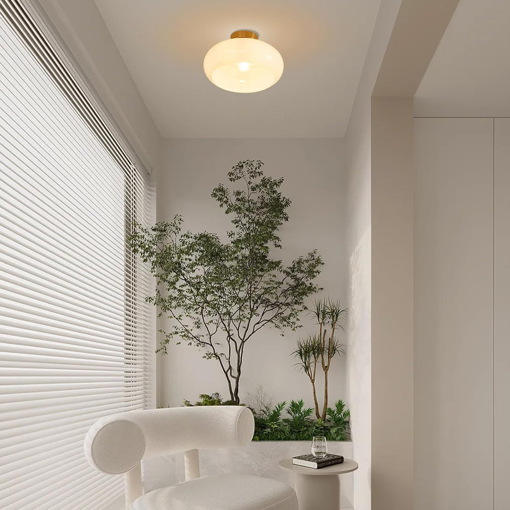Mid Century Modern Ceiling Light - MCM Milk Glass Flush Mount with 11" White Dome Shade - Gold Brass Ceiling Lamp