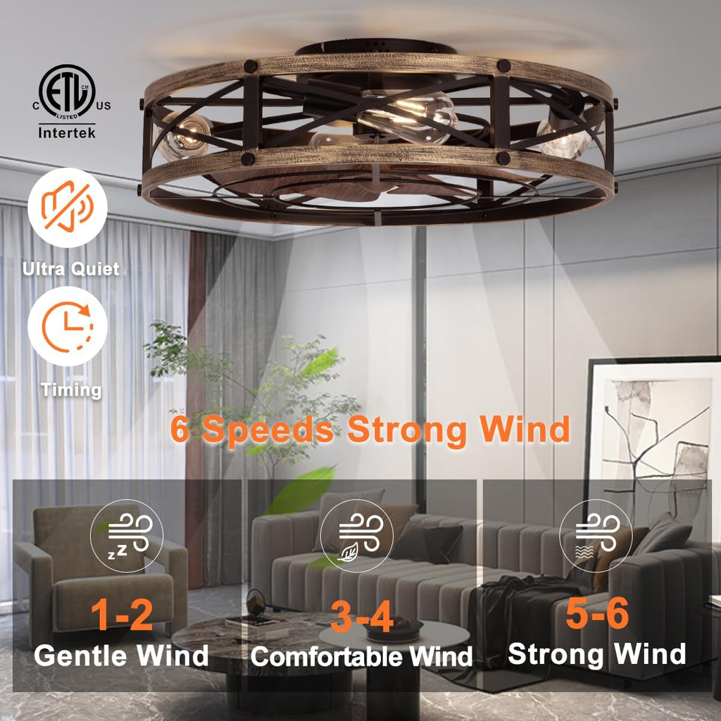 22" Farmhouse Ceiling Fan with Light, Rustic Caged Bladeless Low Profile Ceiling Fans with Lights and Remote