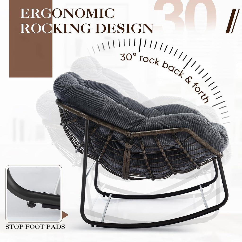 Oversized Indoor Rocking Chair, Comfy Corduroy Rocking Papasan Chair with Thick Cushion and Frame, Large Wicker