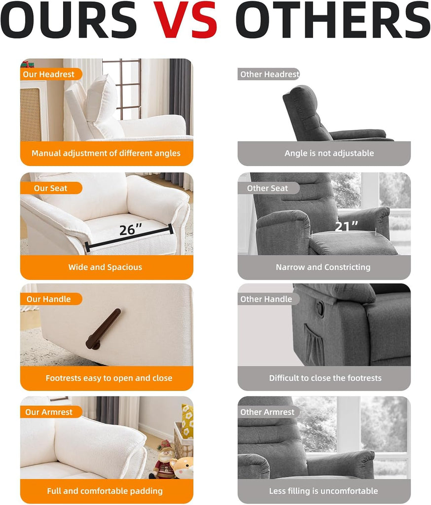 Oversized Recliner Chair, 24" Extra Wide 360° Swivel Rocker Recliner with Adjustable Headrest, Chenille Glider