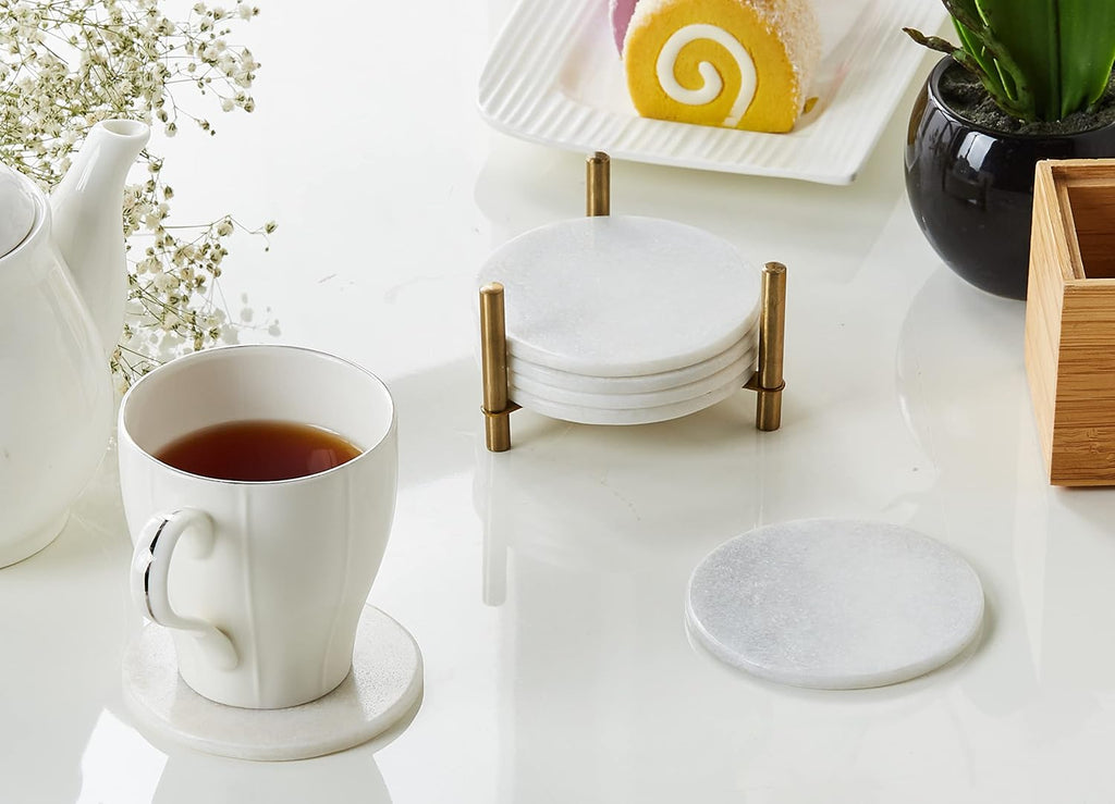 Marble Coasters for Drinks, Natural Stone Coasters Set for Coffee Table, Bar, Dining & Home Decor Sleek - Set of 6