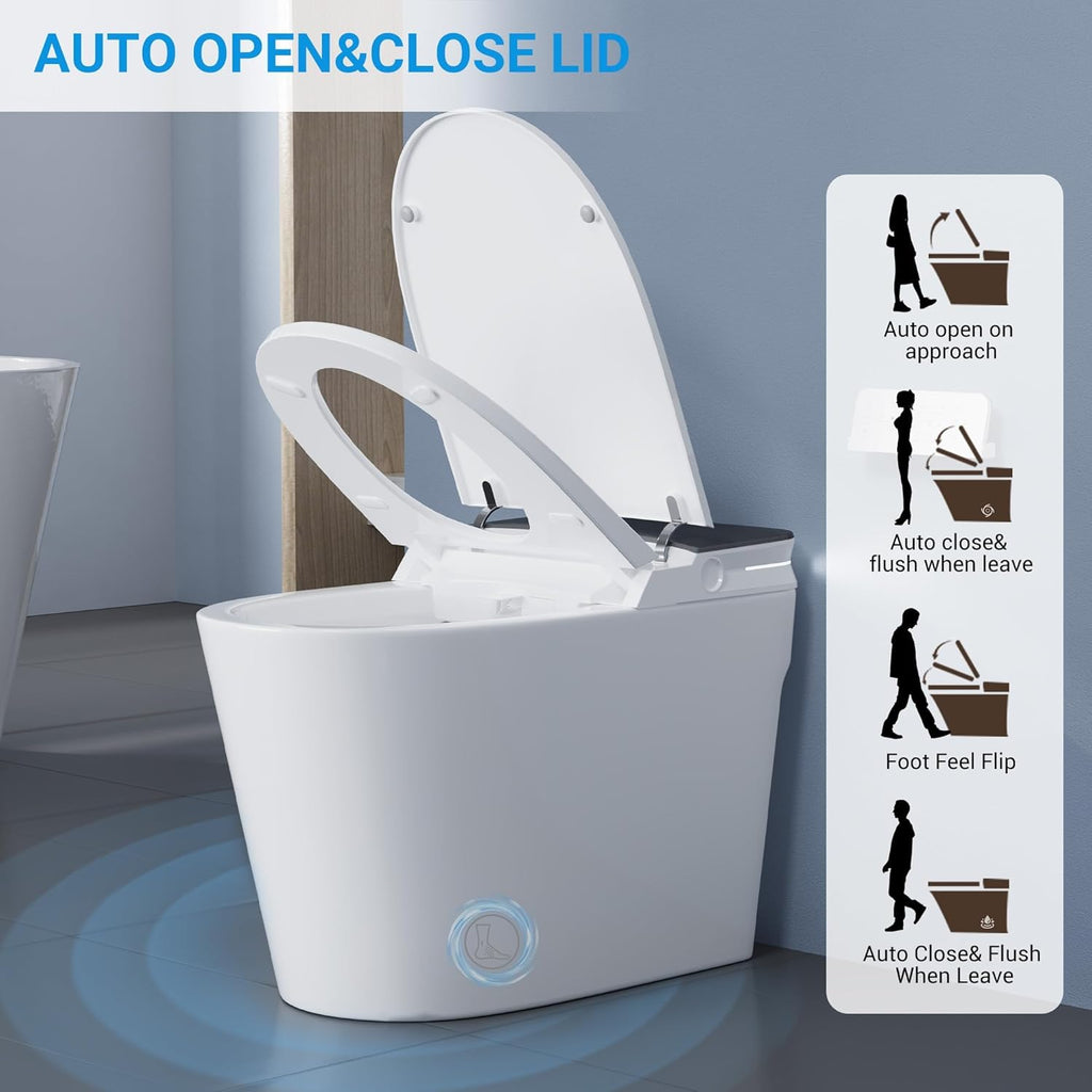 Smart Toilet with ADA Height, Bidet Built-In, Auto-Sensing Flip Lid, Off-Seat Auto Flush, Foot-Sensor