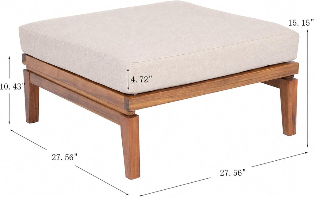 Ellie Outdoor Ottoman with Water-Repellent Cushion, Acacia Wood Patio Ottoman, Outdoor Foot Stool Furniture Set