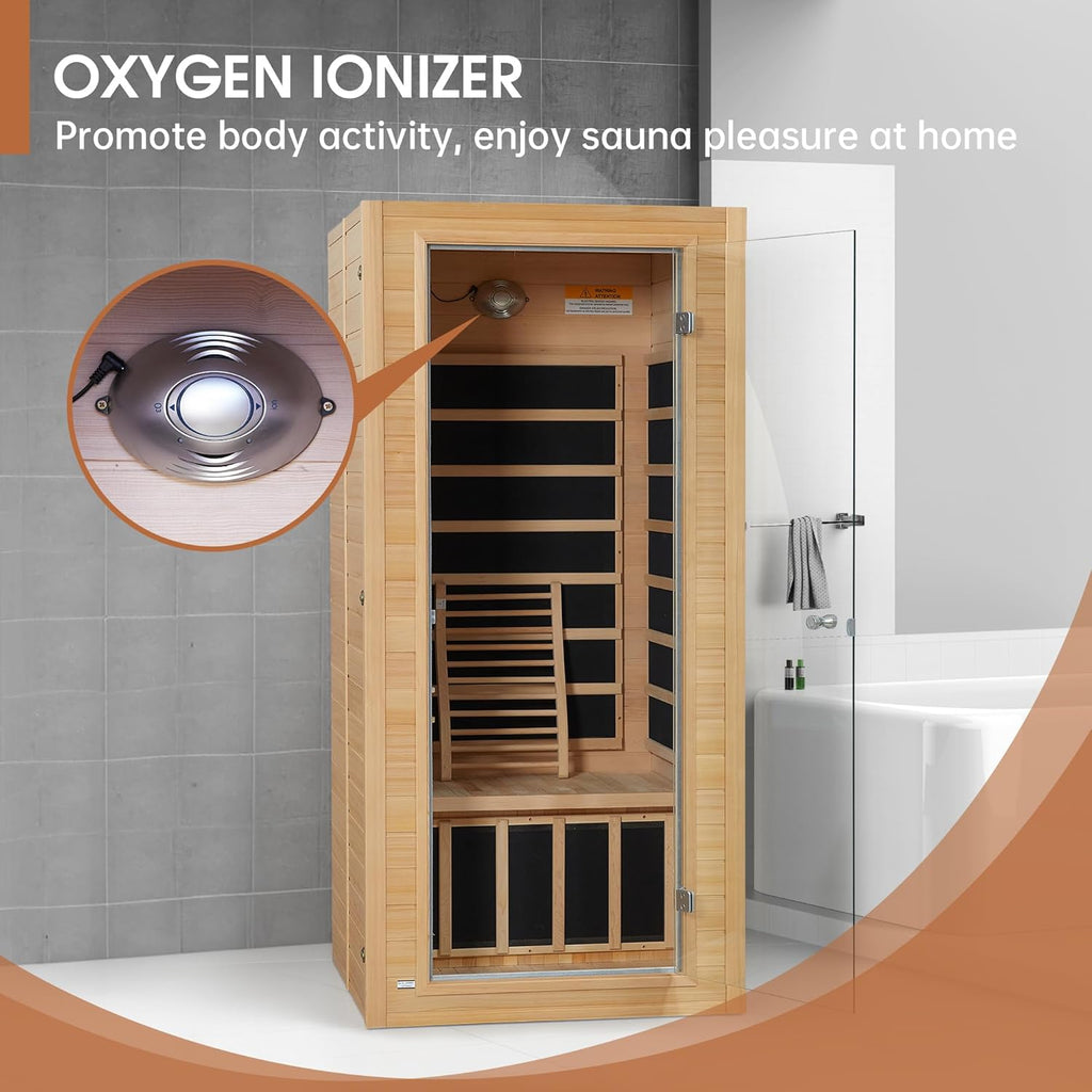 Far Infrared Sauna, Low EMF 1 Person Sauna, Indoor Canadian Hemlock Wood Home Dry Saunas Room with 1400W