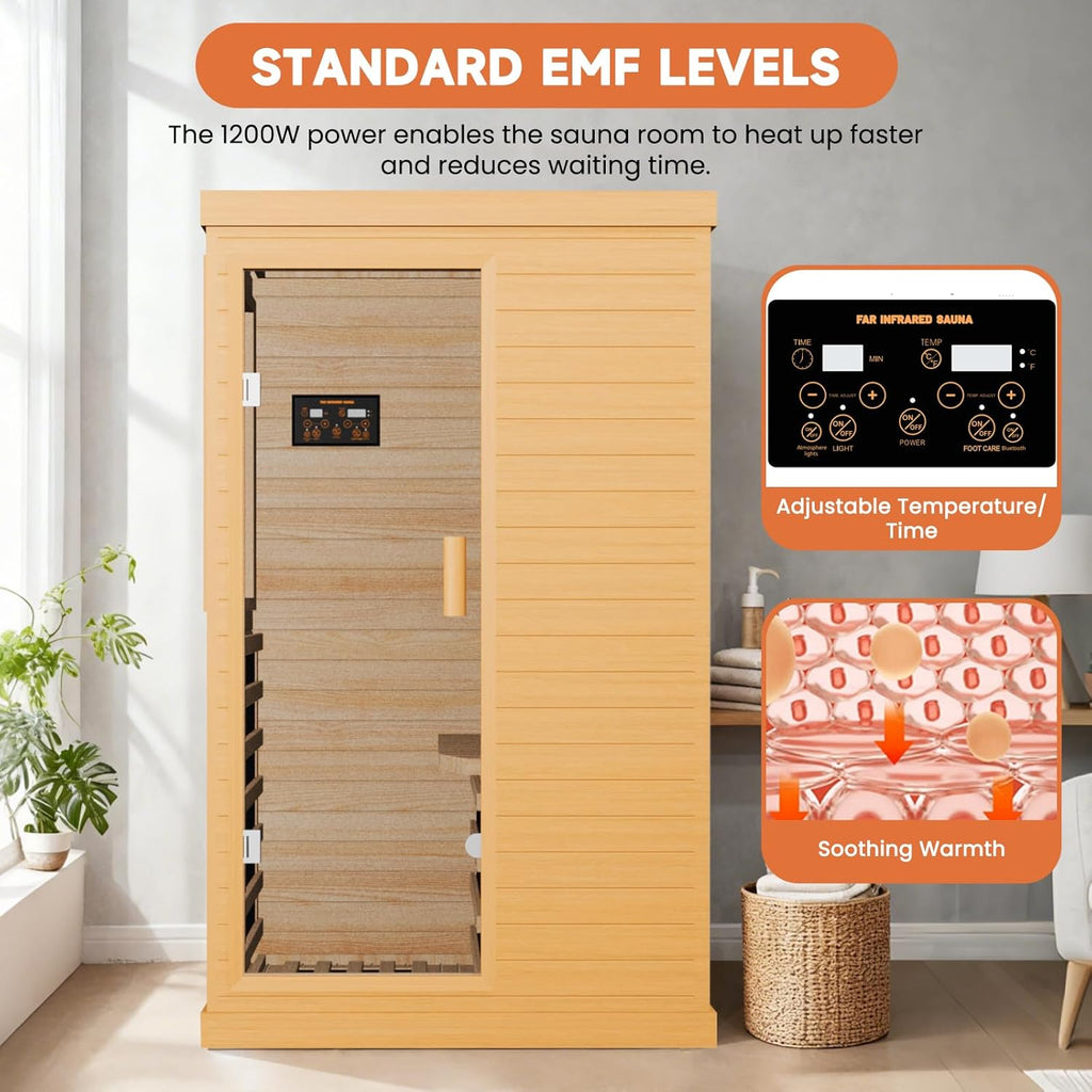 Far Infrared Sauna Home Sauna Spa Room Canadian Hemlock Wood 1200W Indoor Saunas Low EMF 110V with 7 Color Light and Tempered Glass Door, Room: 35.2 * 27.6 * 61.6Inch