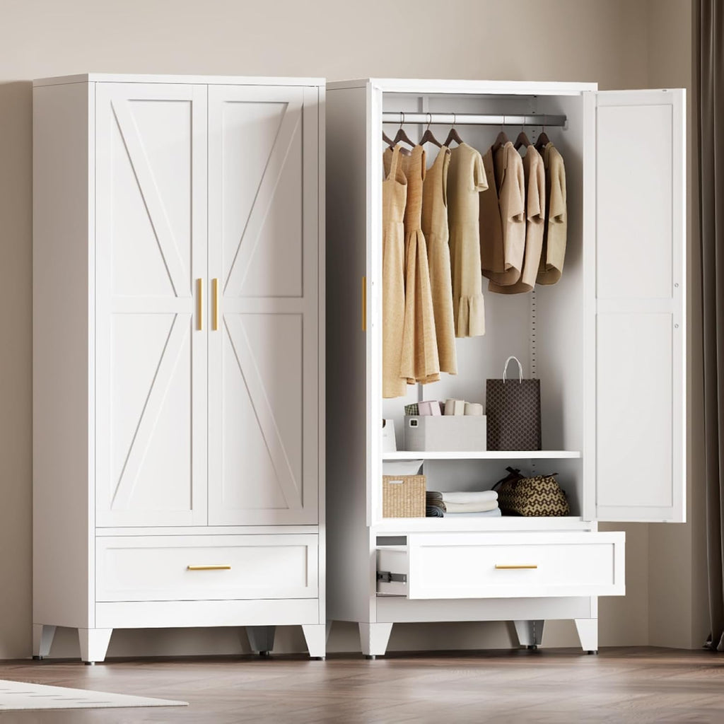 Metal Wardrobe Closet , 71" Freestanding Armoire Wardrobe with Drawer and Shelf, Hanging Rod Clothing Storage Cabinet