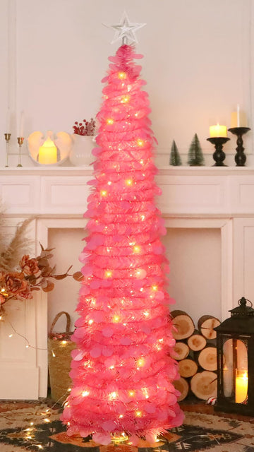 5 FT Pop Up with Timer Lights, Hot Pink Christmas Tinsel Tree, Collapsible Artificial Pencil for Indoor Home