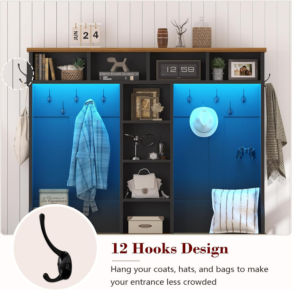 Hall Tree with Bench and Shoe Storage, Farmhouse Entryway Bench with Coat Racks and Led Lights, Black Large Hall Tree