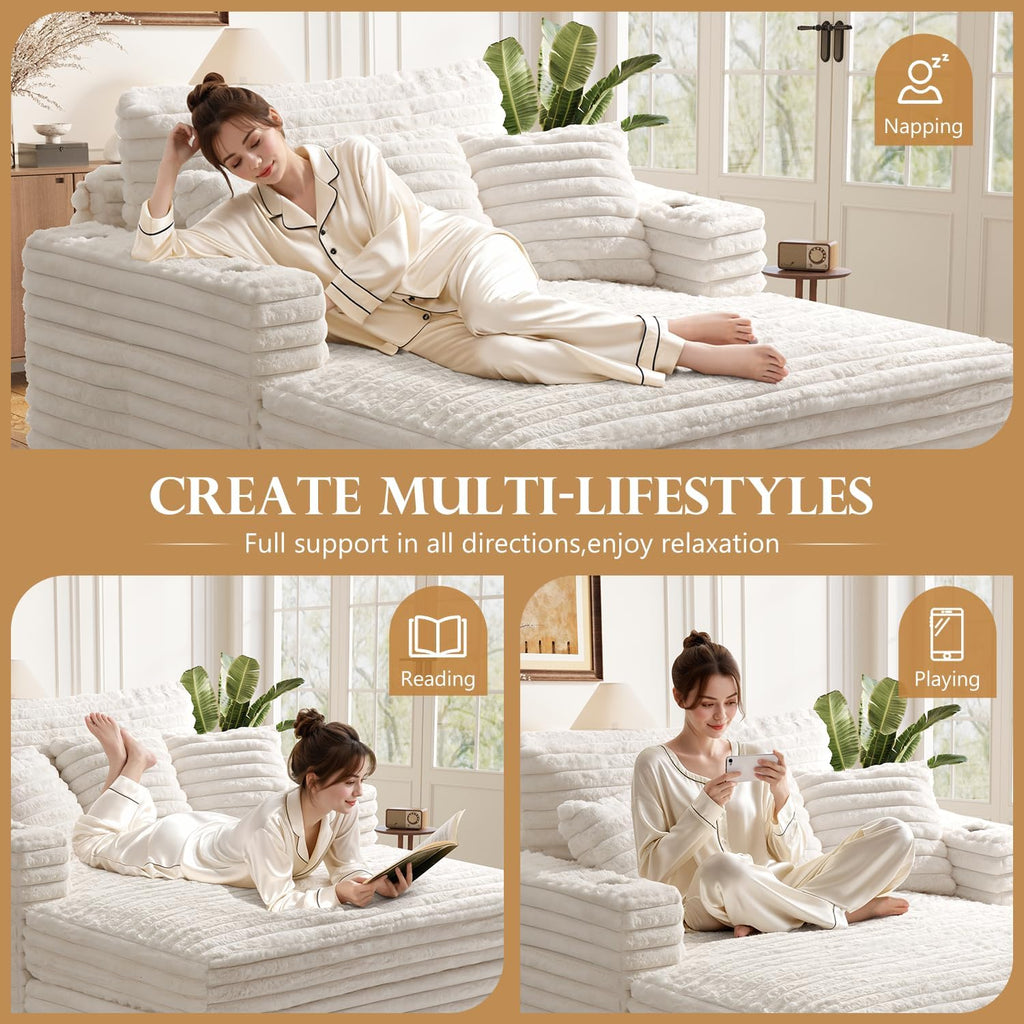 60" Oversized Chaise Lounge Chair with Wood Frame, Beige | Upgraded Fluffy Plush Faux Fur Sleeper Couch Lazy Chair