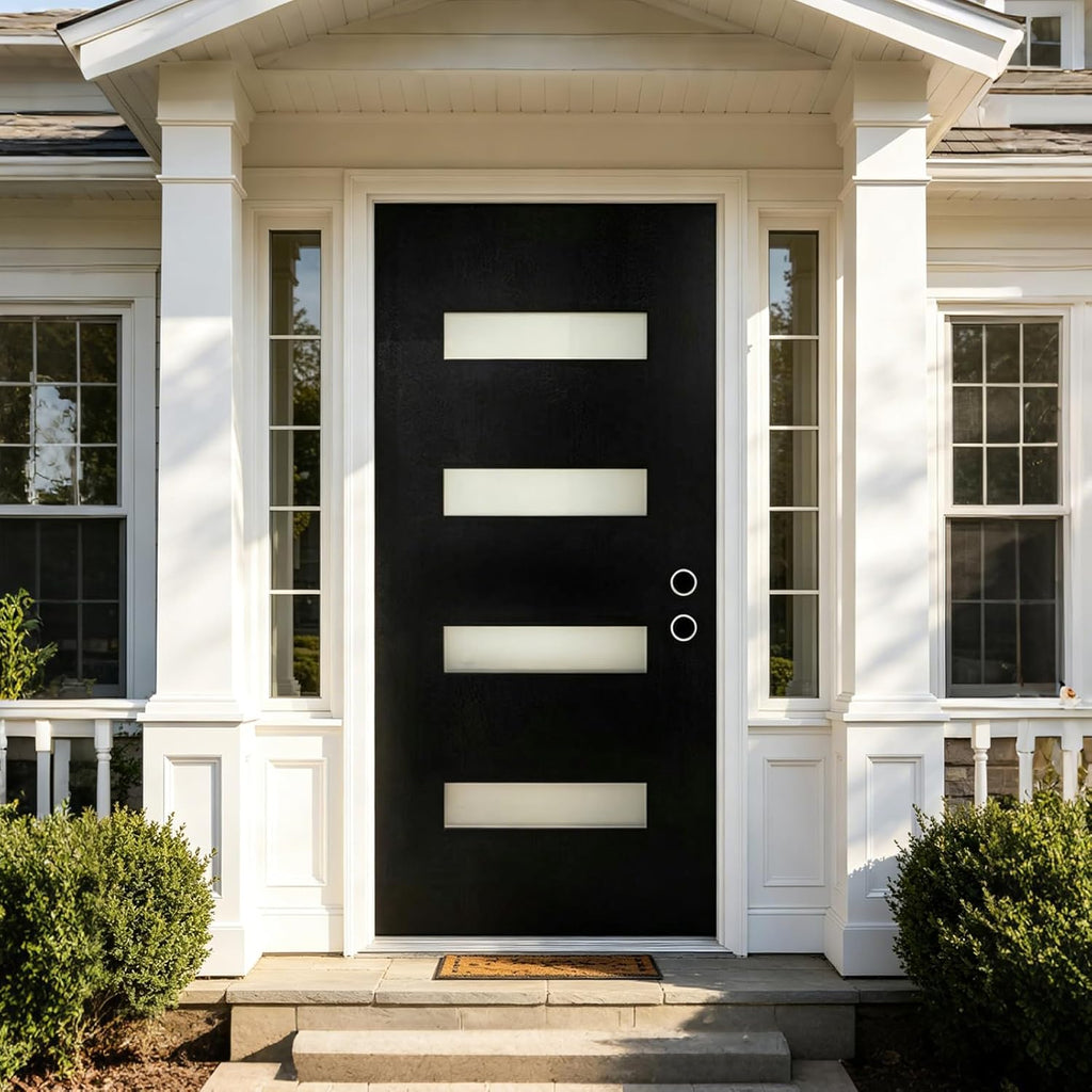 36" x 80" Exterior Fiberglass Front Door for Home, Prehung Entry Door with 4 Lite Glass Panels, Modern Design, Left