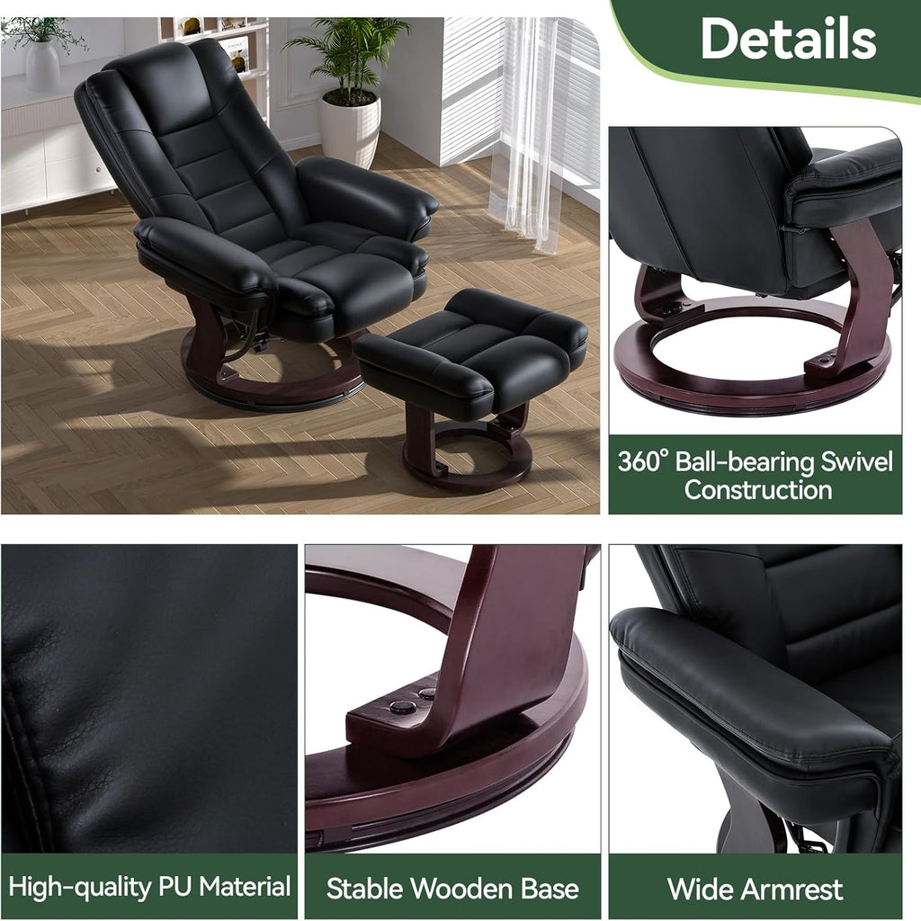 Modern Reclining Swivel Lounge Chair and Ottoman — Black PU Leather