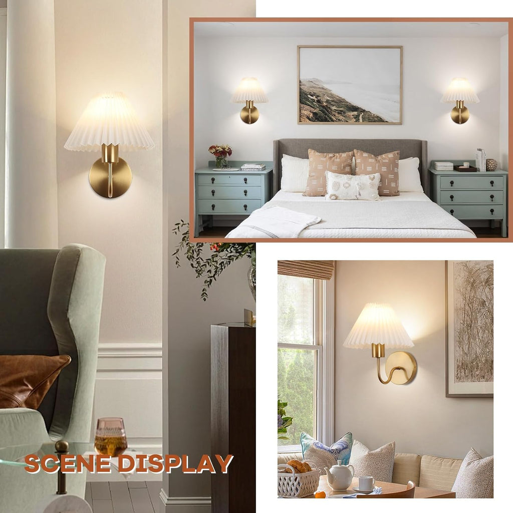 Wireless Wall Sconce Sets of 2, Pleated Shades Rechargeable Battery Operated Wall Sconce, Retro gooseneck Gold Wall