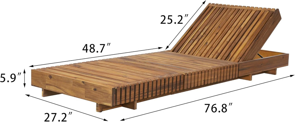 Outdoor Chaise Lounge Chair, Patio Lounge Chair, Solid Acacia Wood Pool Lounger, 6-Position Adjustable Backrest