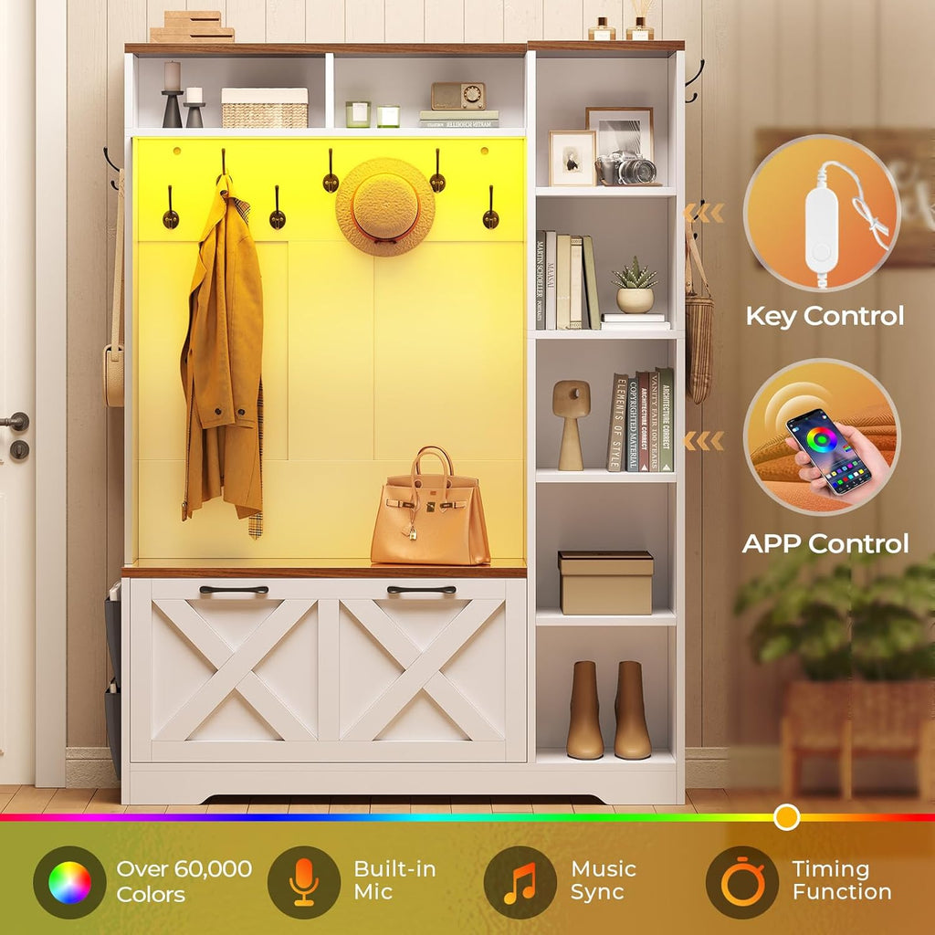 Hall Tree with Bench and Shoe Storage, Farmhouse Entryway Bench with Coat Rack, Shoe Cabinet with Flip Drawers, 7