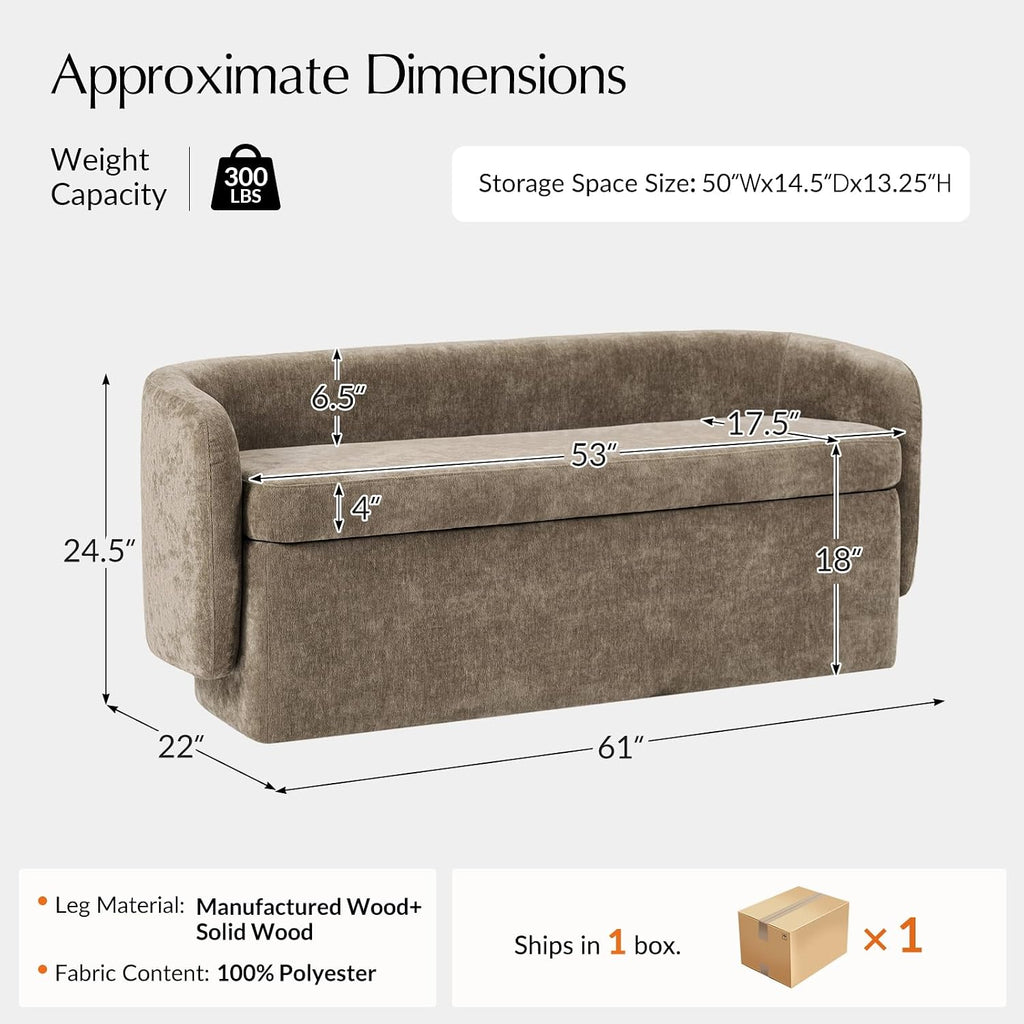 61" Bedroom Storage Bench with Low Backrest, Saddle | Upholstered Chenille End of Bed Bench, Large Storage Ottoman