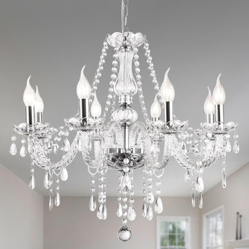Modern Elegant 8 Lights K9 Crystal Glass Chandelier Silver Pendant Ceiling Lighting European Style for Dining Living Room Bedroom Transparent, 8 E12 Bulbs Required
