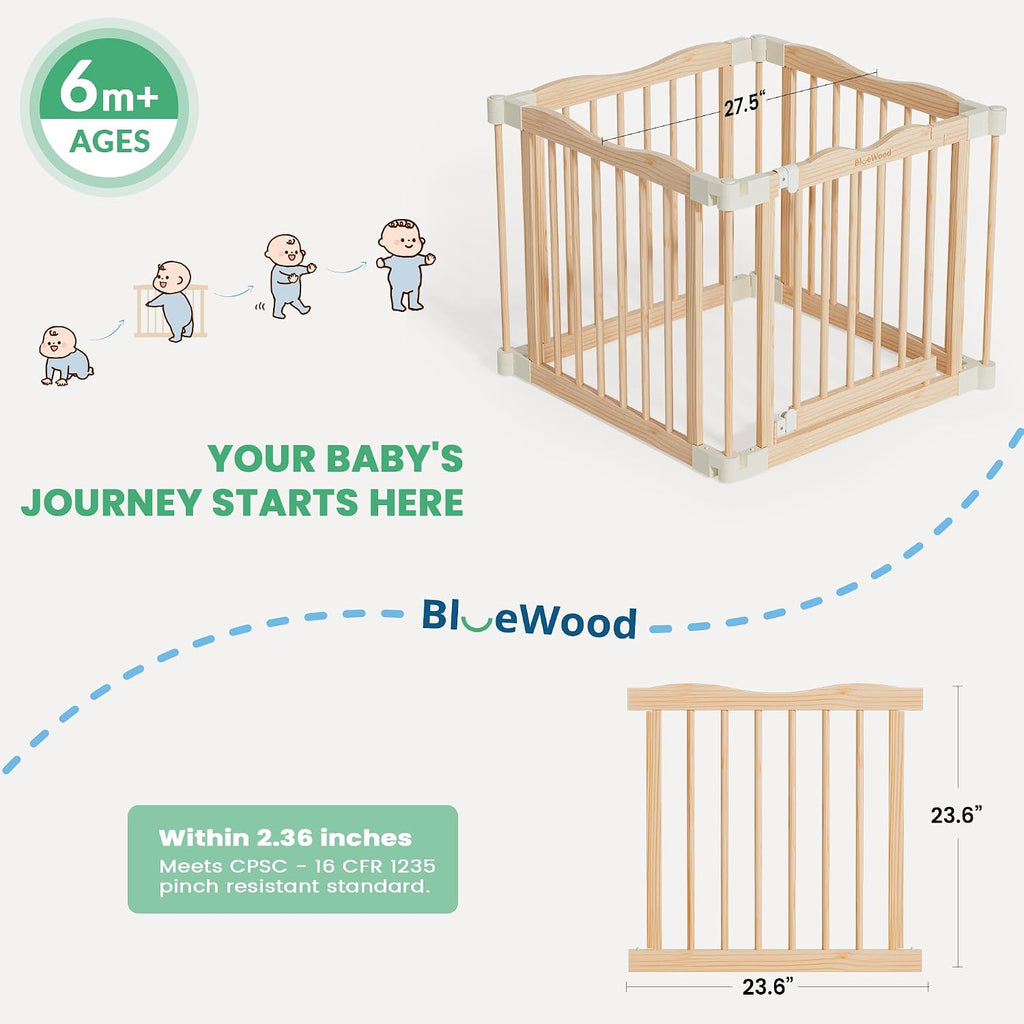 Foldable Wooden Playpen - Adjustable Wood Baby Play Yard with Child-Proof Lock, 12 Panels