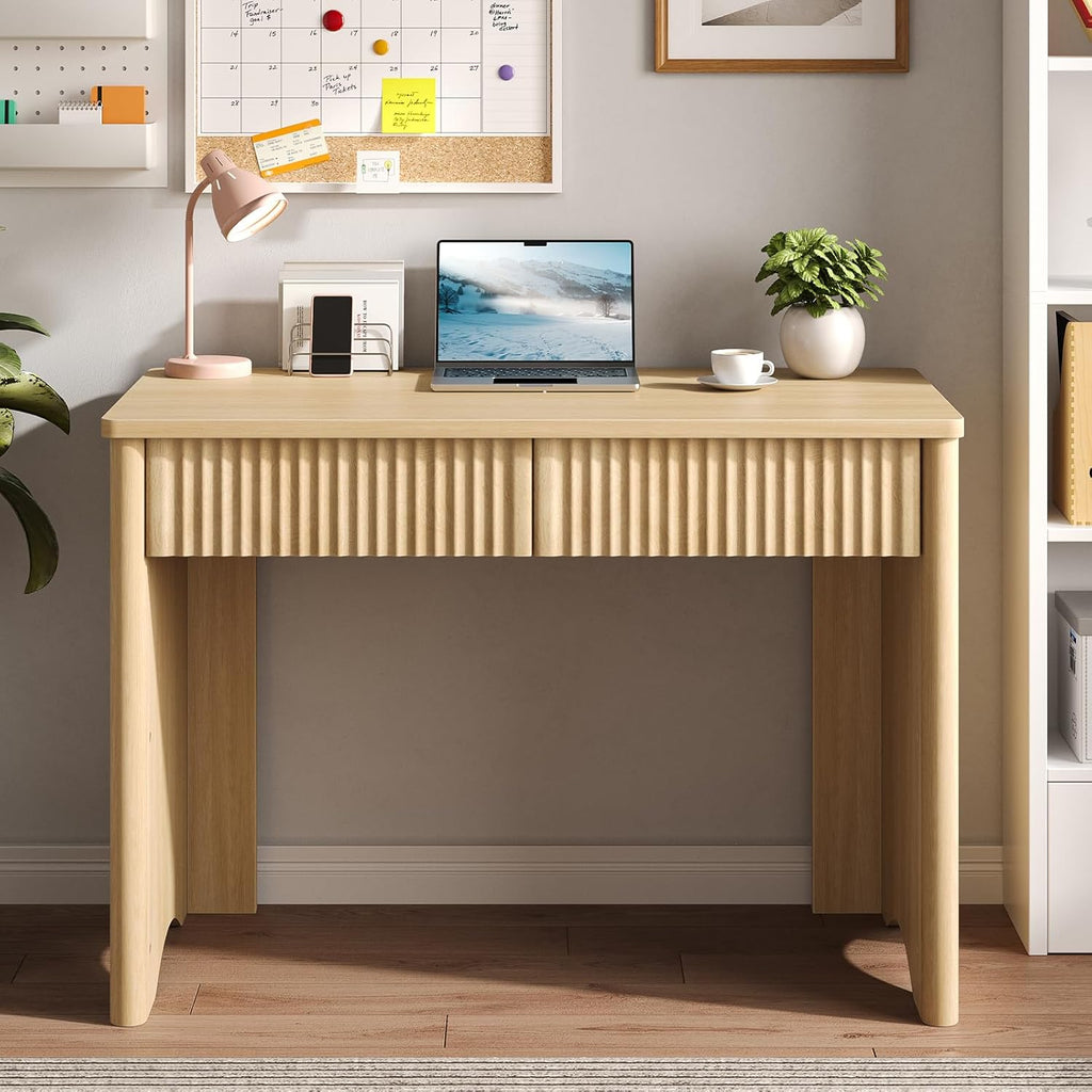 Fluted Computer Desk with 2 Drawers, 40 Inch Small Wooden Writing Study Work Desk, Computer Table