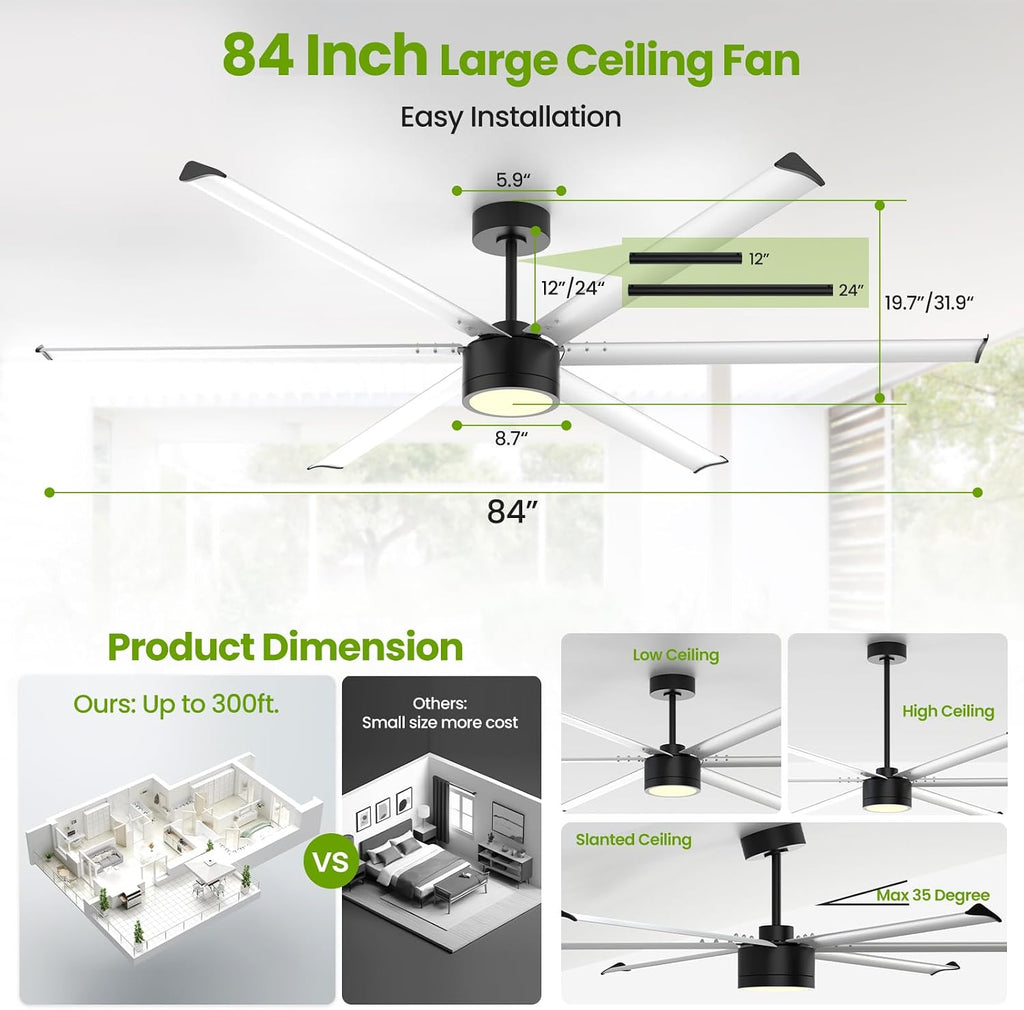 84 Inch Industrial Ceiling Fan with Light,2 Downrods,6-Speed,Large Ceiling Fan with Remote and APP,6 Reverisble Aluminum Blades,Outdoor Ceiling Fans for Patios/Shop/Garage/Commercial Silver