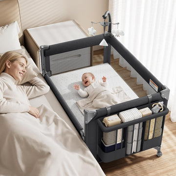 4 in 1 Baby Bassinet, One-Push Setup Pack and Play, Bedside Crib Sleeper with 3 Height Adjustable,Diaper Changer