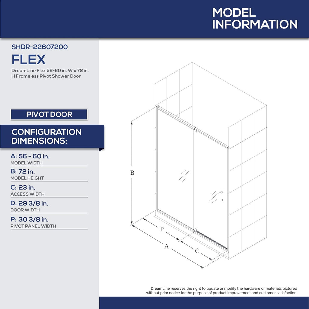 Flex 56-60 in. W x 72 in. H Semi-Frameless Pivot Shower Door in Brushed Nickel, SHDR-2260720-04