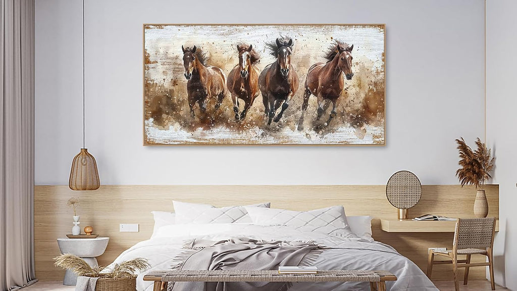 Framed Horses Wall Art - Brown Horse Canvas Pictures Animal Wall Decor Running Horses Painting Prints Artwork Bedroom