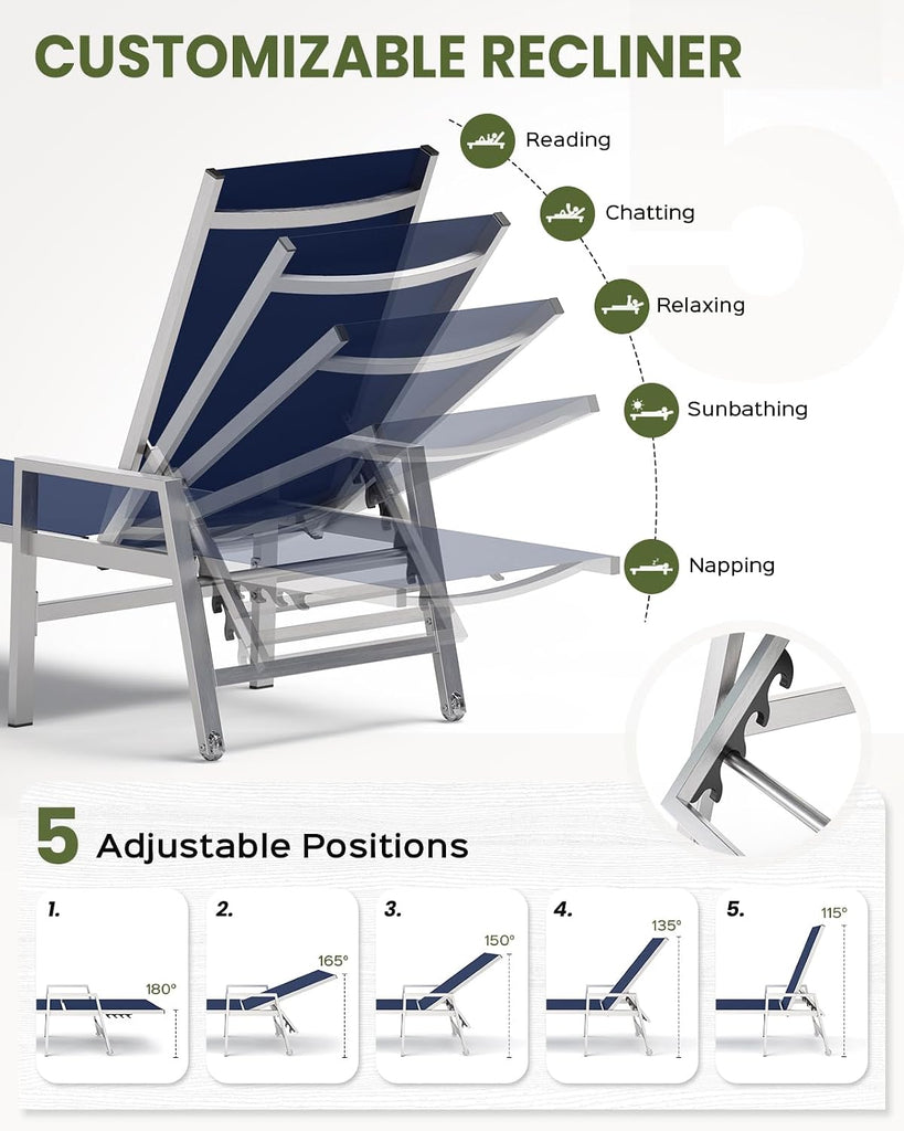 Patio Chaise Lounge Chair Outdoor Set of 2 with Wheels&Armrests, Aluminum Pool Lounge Chairs Five-Position Adjustable