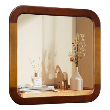 Bathroom Mirror 24 x 24 Inch, Brown Wood Walnut Square Tempered Wall Mirror