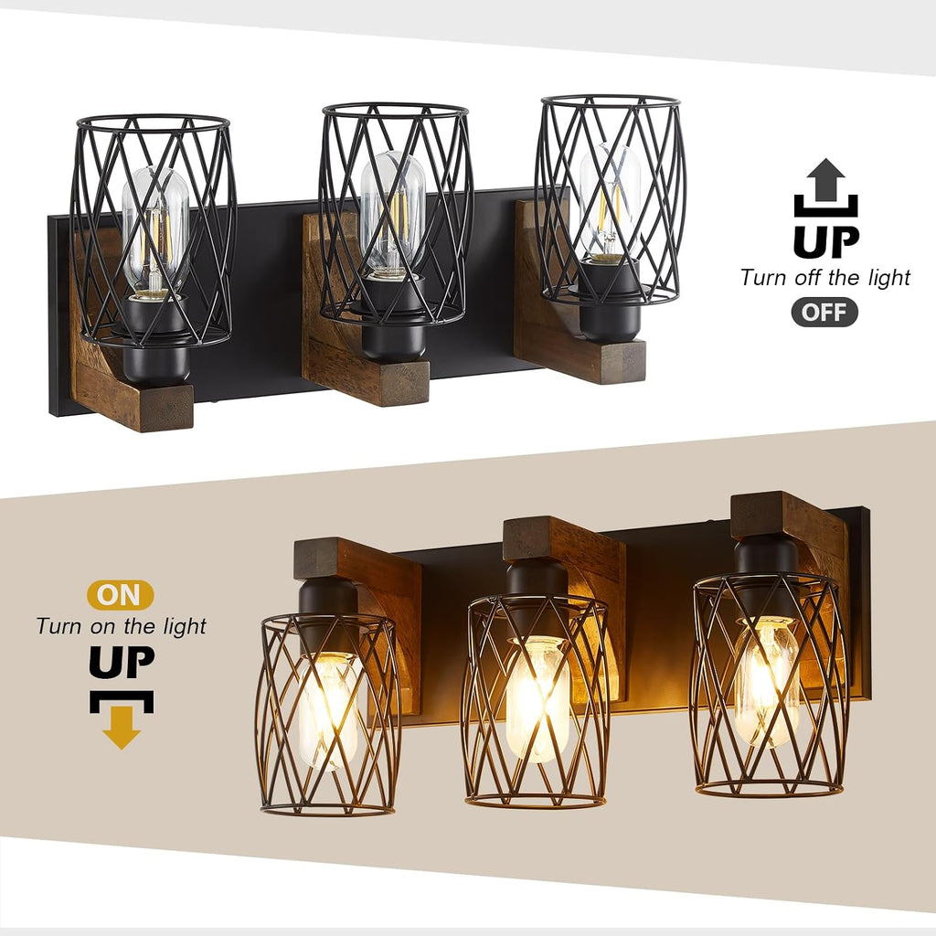 Farmhouse Bathroom Vanity Light, 3-Light Wood Bathroom Light Fixtures Over Mirror, Black Industrial Vanity Lights