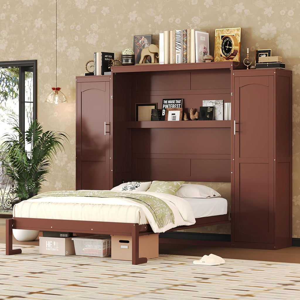 Full Vertical Murphy Bed with Wardrobe,Cabinet,and Storage Shelves,Wood Foldable Hidden Murphy Wall Bed for Adults