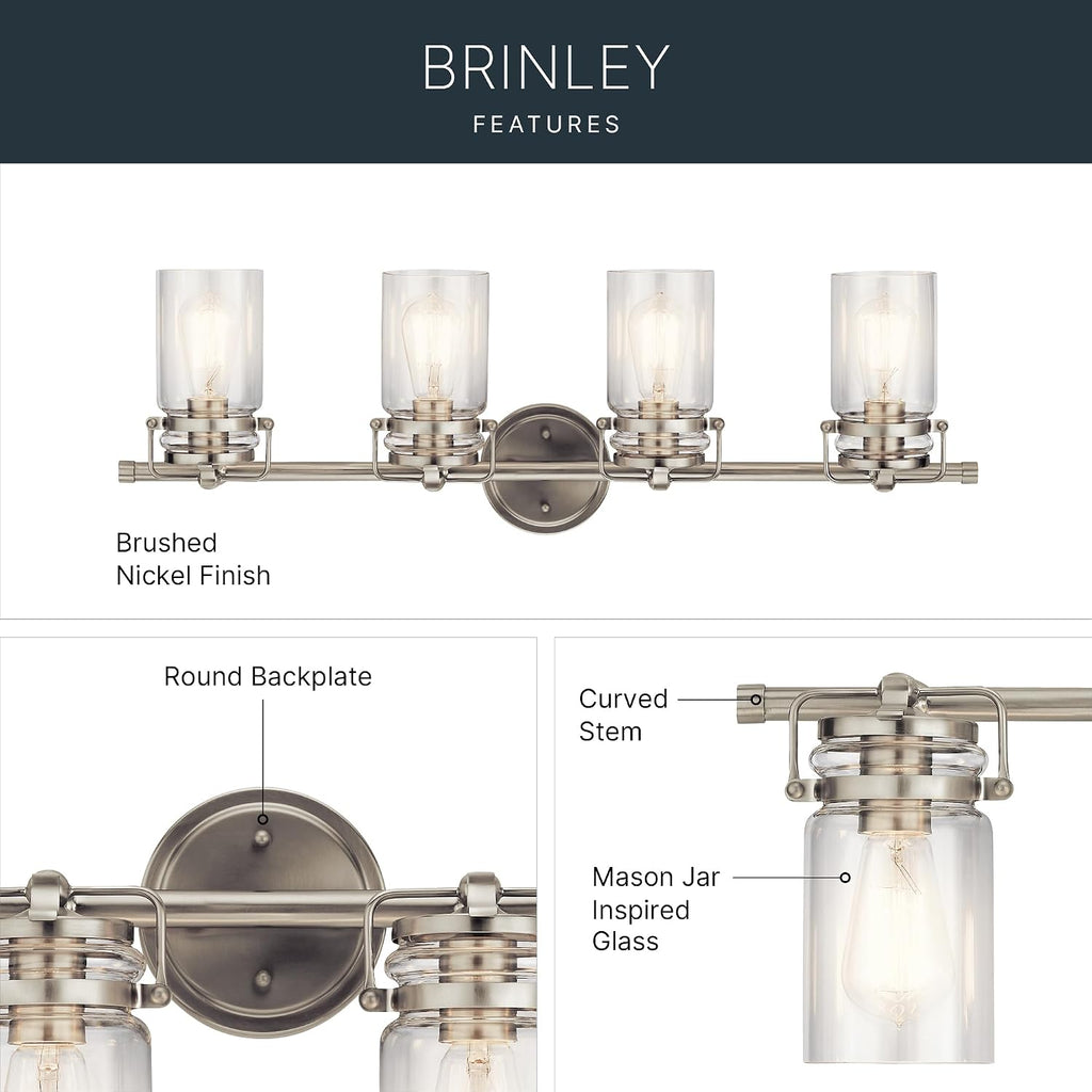 Brinley 32.25" Vanity Light in Brushed Nickel, 4-Light Farmhouse Bathroom Vanity Light with Clear Glass, (32.25" W x