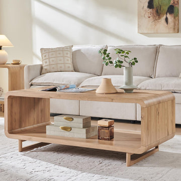 48" Modern Coffee Table, 2-Tier Curved Center Table, Natural Oak